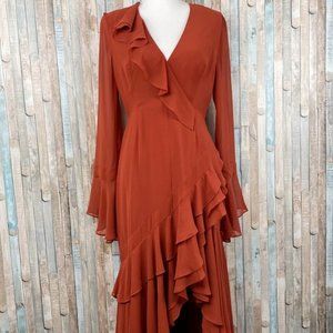 Layered ruffled midi dress with long flared sleeve